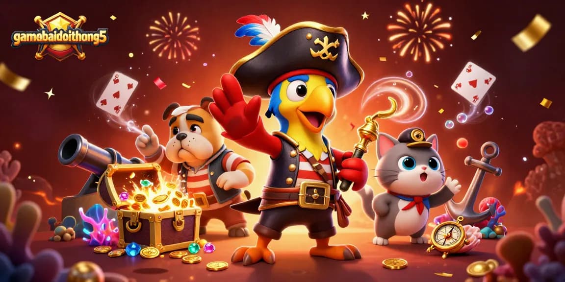 Gamebaidoithuong5 showcases a vibrant 3D illustration of characters enjoying an exciting online poker game.