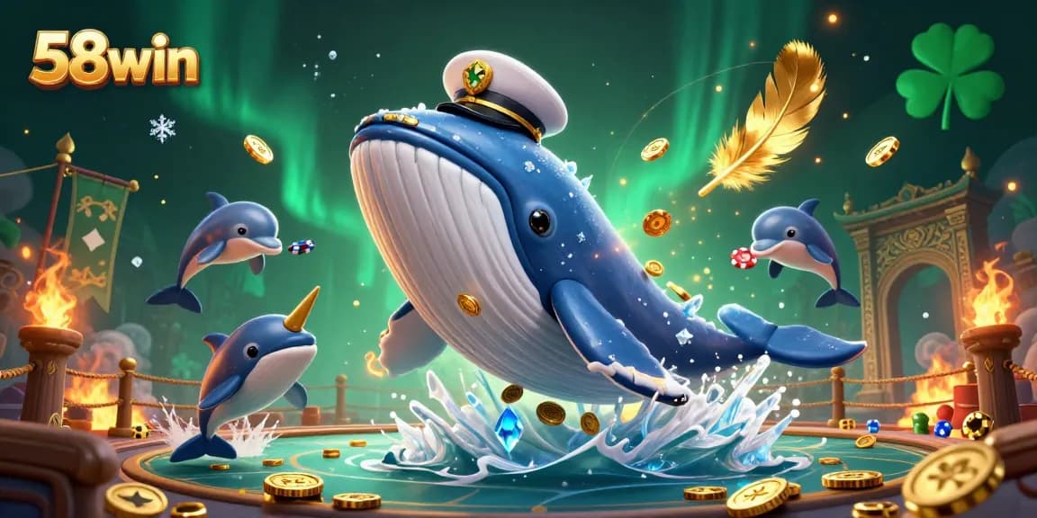 Experience thrilling gameplay at 58win with a vibrant casino illustration featuring playful dolphins and a captain whale.