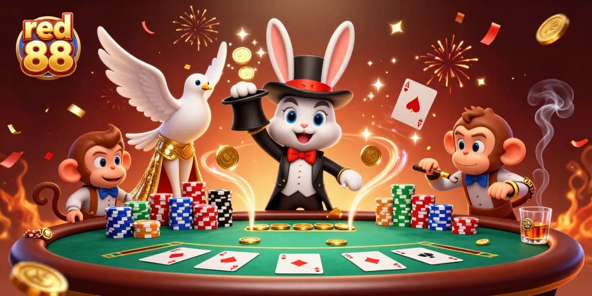 Experience the thrill of red 88 with a magician pulling coins and lively casino action.