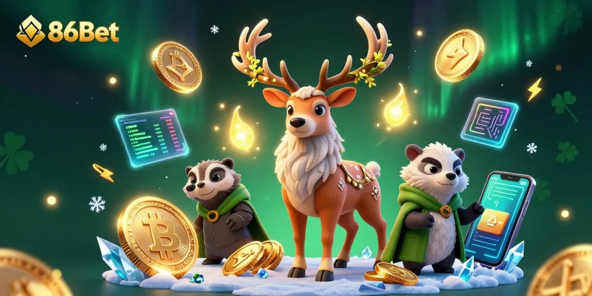 Engage with 86Bet's dynamic gaming world featuring immersive character illustrations and rich casino elements.