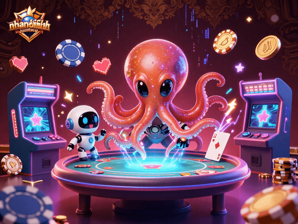 nhandinhkeonhacai brings to life an alien octopus at a holographic poker table amid casino excitement.