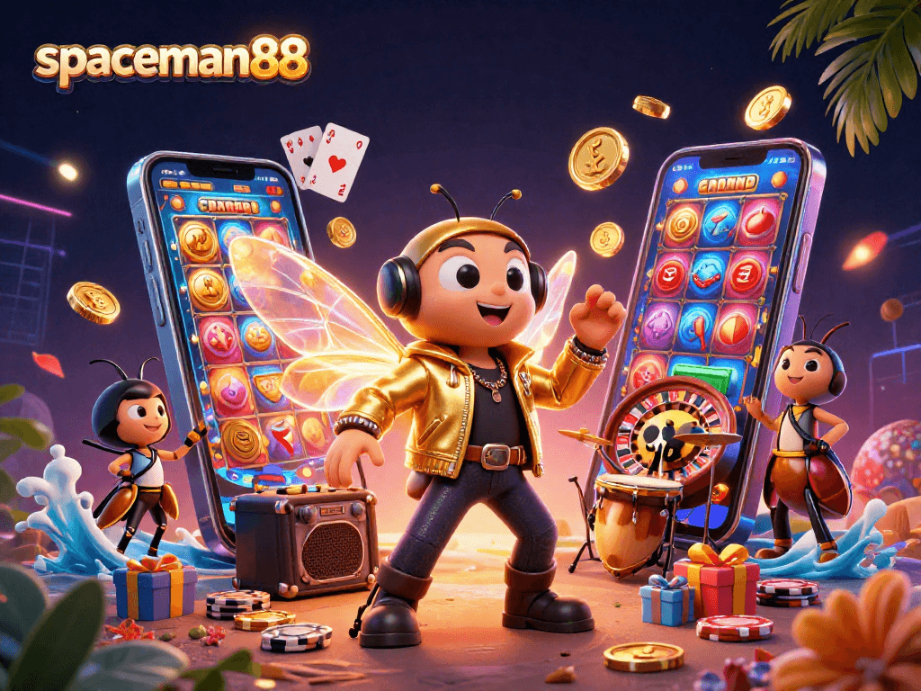 Engage with spaceman88 slot games, featuring a vibrant rock star scene with exciting casino elements.