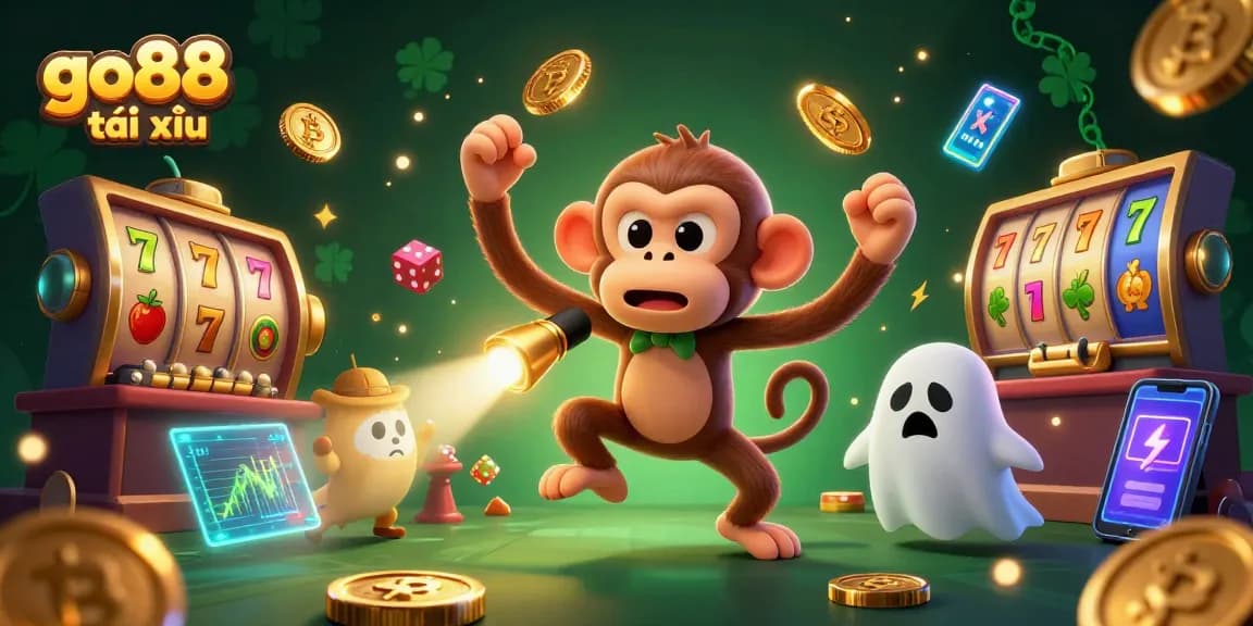 Engage in exciting go88 tài xỉu action with a mischievous monkey and a ghost-hunter puppy in a vibrant casino.
