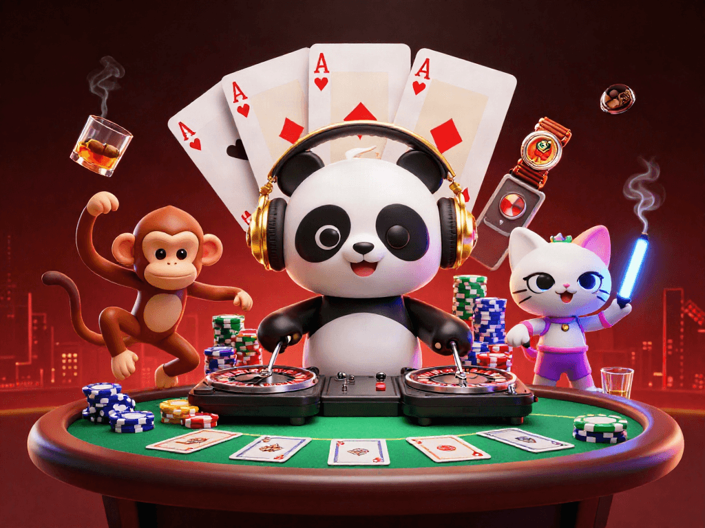 Party with nhà cái Jun88 as a DJ panda spins roulette wheels surrounded by poker chips.