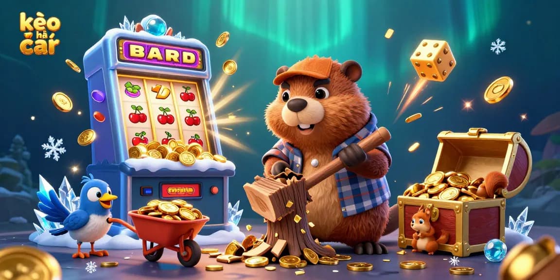 Play kèo nhà cái with a lively scene of a beaver and bird collecting golden coins amid casino excitement