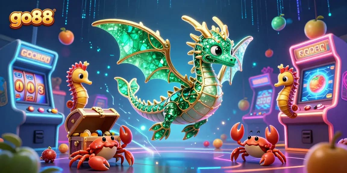 Spin to win at go88 with vibrant casino game elements surrounding a majestic sea dragon and treasure.