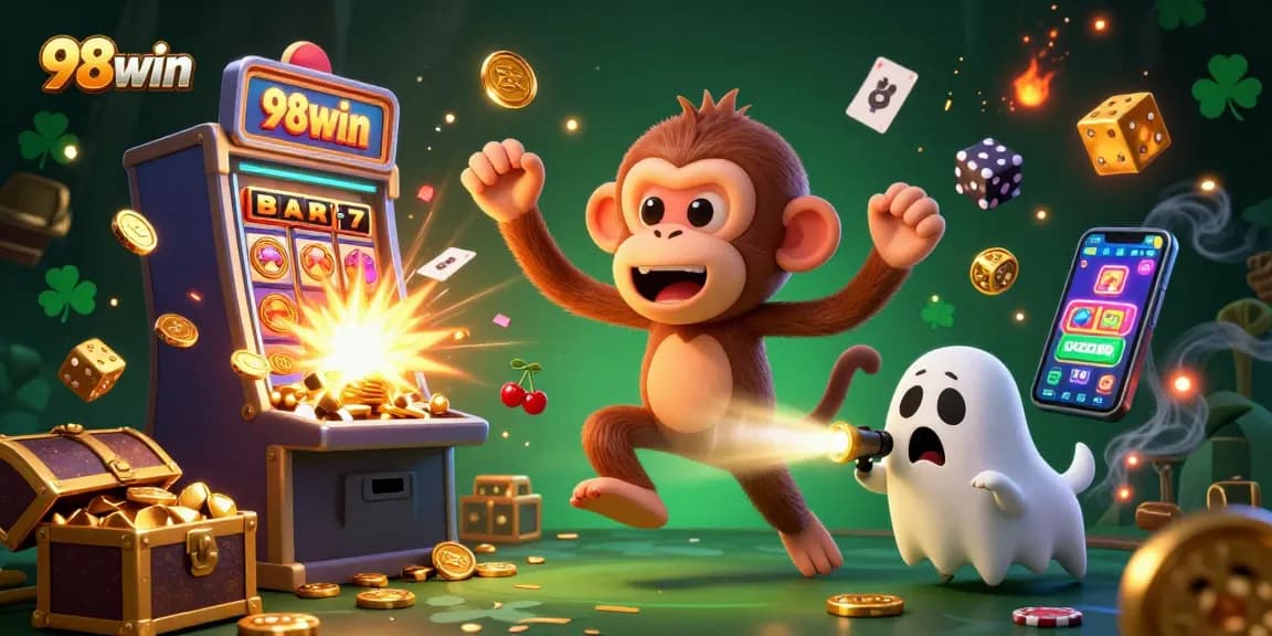 Experience excitement at 98win with a playful poltergeist monkey and a curious puppy in a dynamic casino scene.