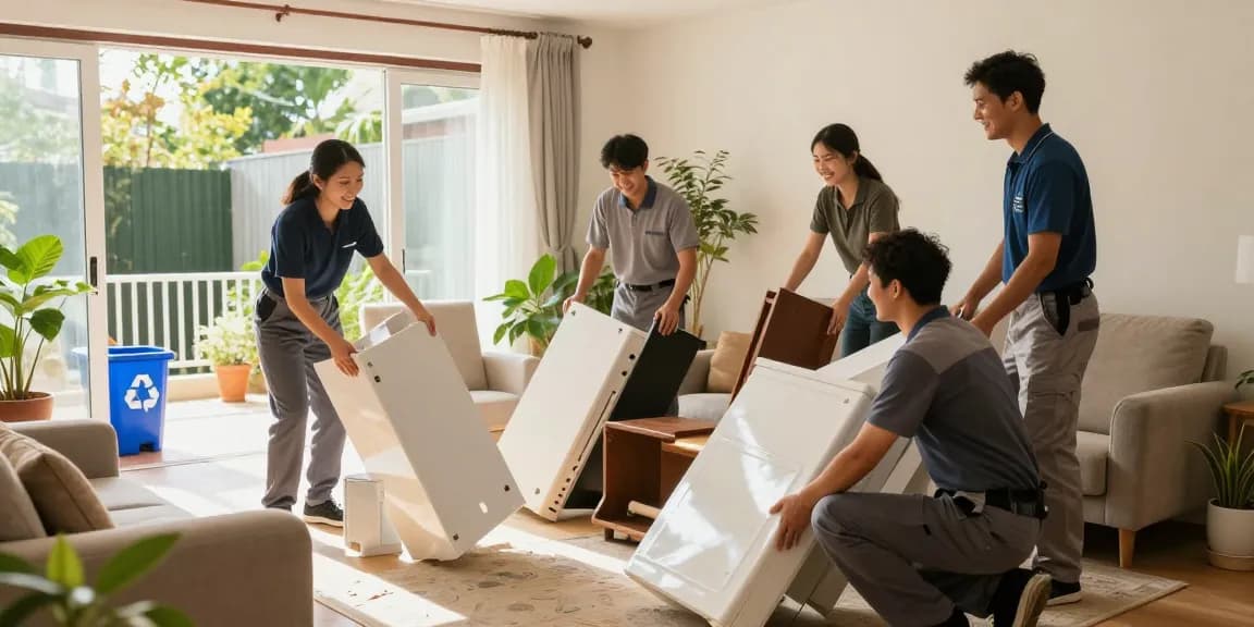 House clearance team efficiently removing furniture in a bright living room.