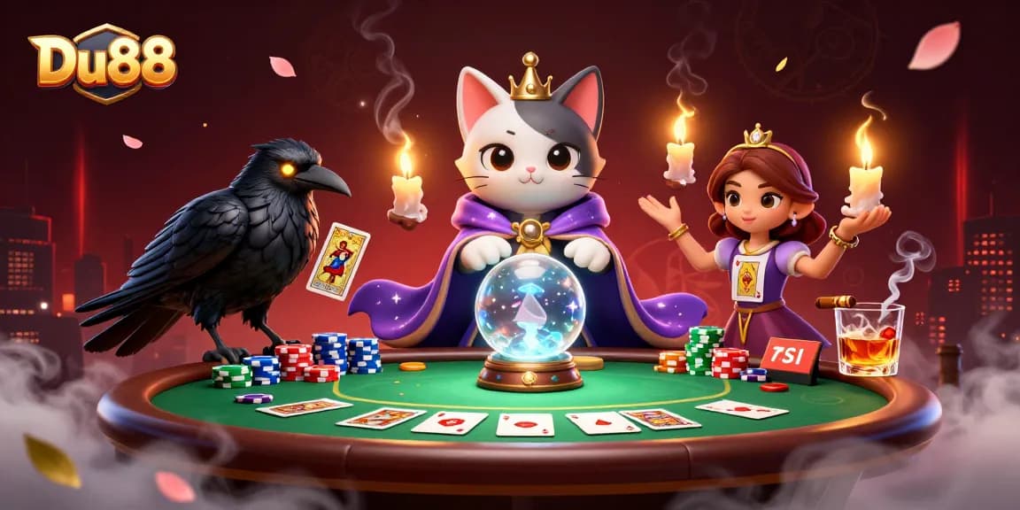 Experience the thrill of Du88 poker night with fortune teller cat and clever raven!