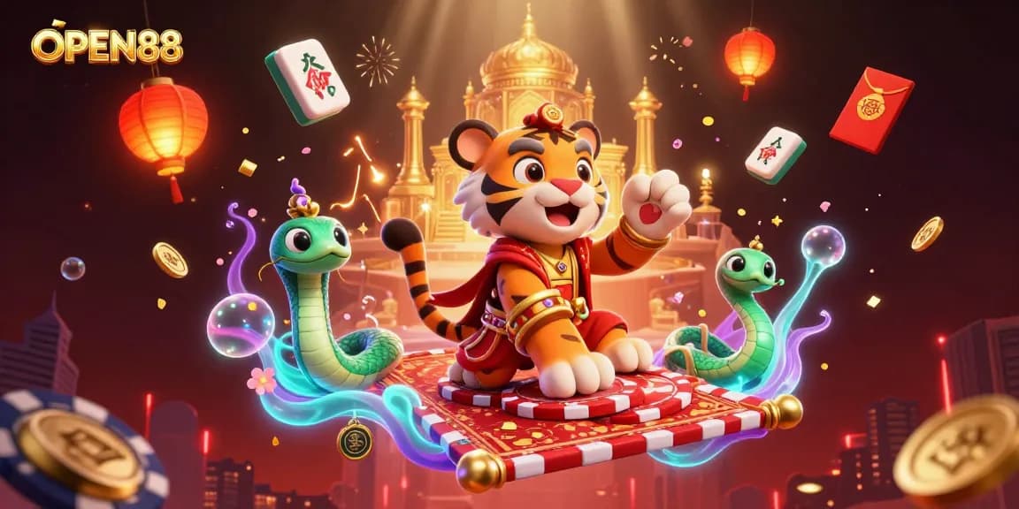 Experience the thrill of OPEN88 with an Arabian Nights-themed casino adventure featuring a sultan, genie, and gold palace.