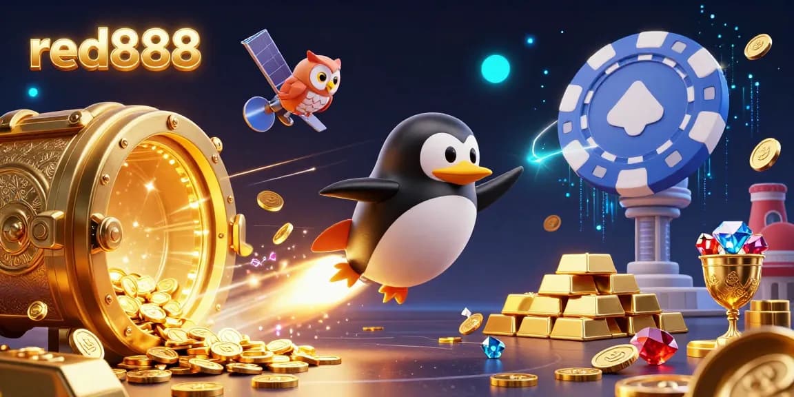 Experience the thrilling world of red888 as a golden penguin blasts through space, revealing treasures of the casino.
