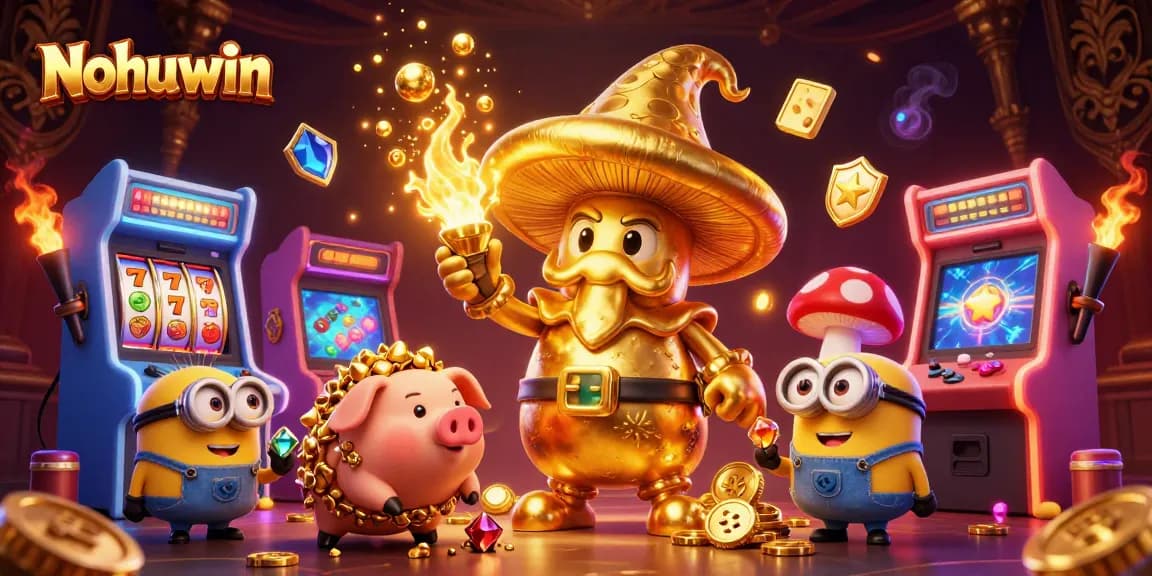 Nohuwin slots scene showcasing vibrant characters with golden treasures and gaming elements in an arcade