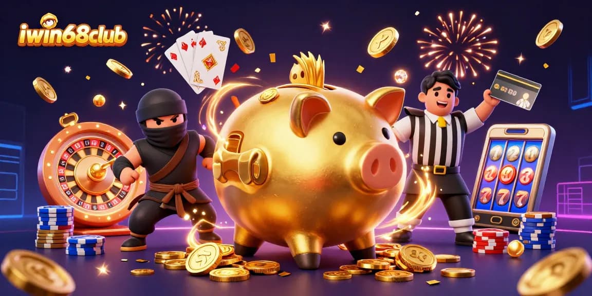 Join the excitement at iwin68club with a dynamic scene of a golden piggy bank sumo wrestler and spirited characters in action!