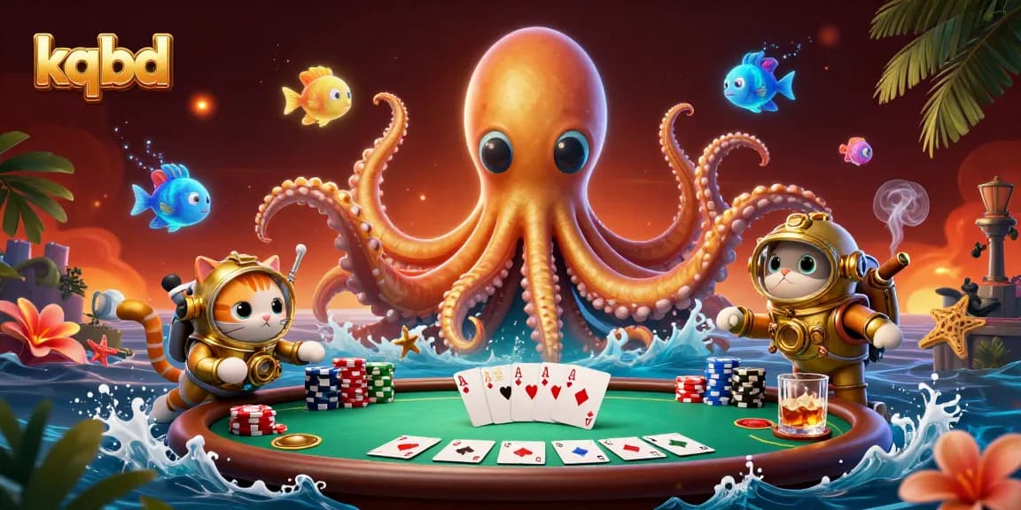 Exciting kqbd illustration showcases a playful scene with a kraken and diving cat amid poker chips and cards.