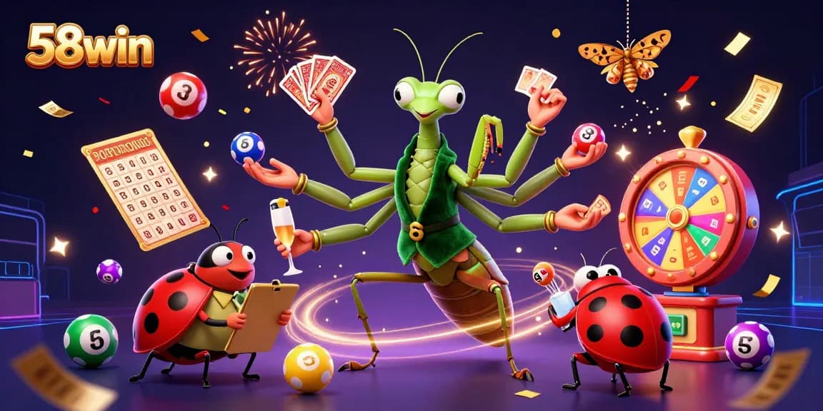 Experience the excitement of 58win with a dynamic casino scene showcasing vibrant characters and festive game elements.