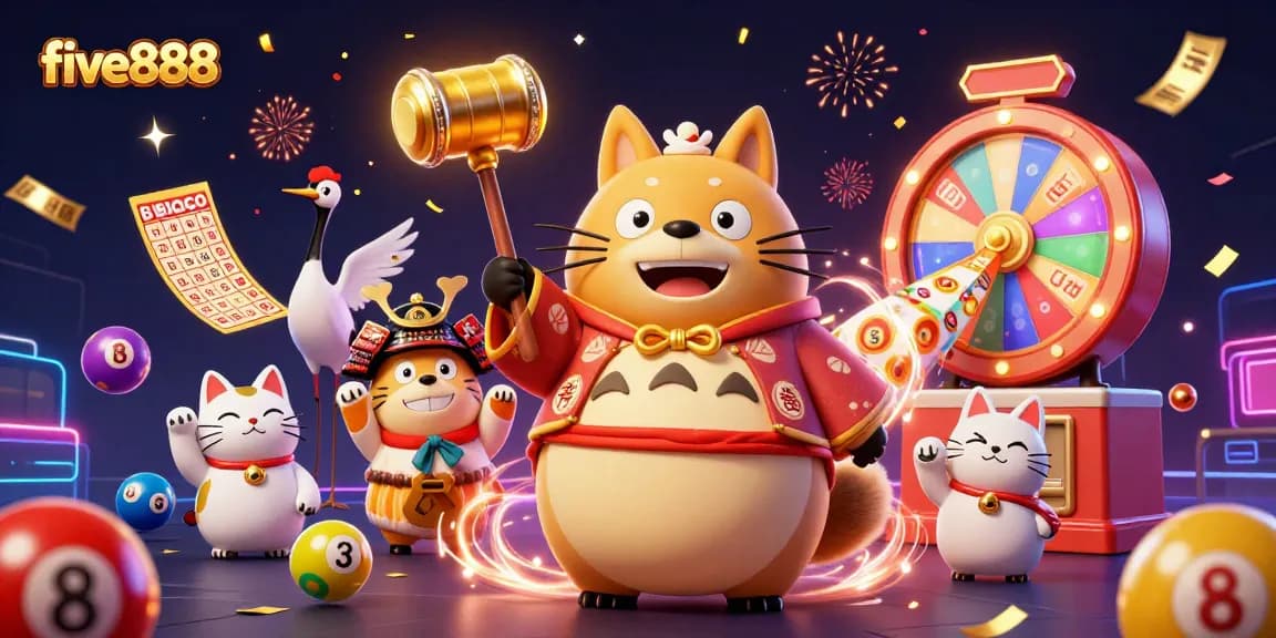 Engage in five888's vibrant online gaming world with joyful characters and exciting lottery elements.