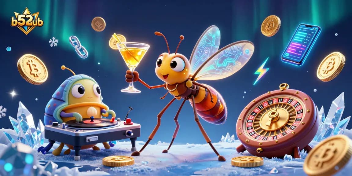 Experience exciting wins at b52club with a vibrant casino scene featuring animated characters and cryptocurrency elements.