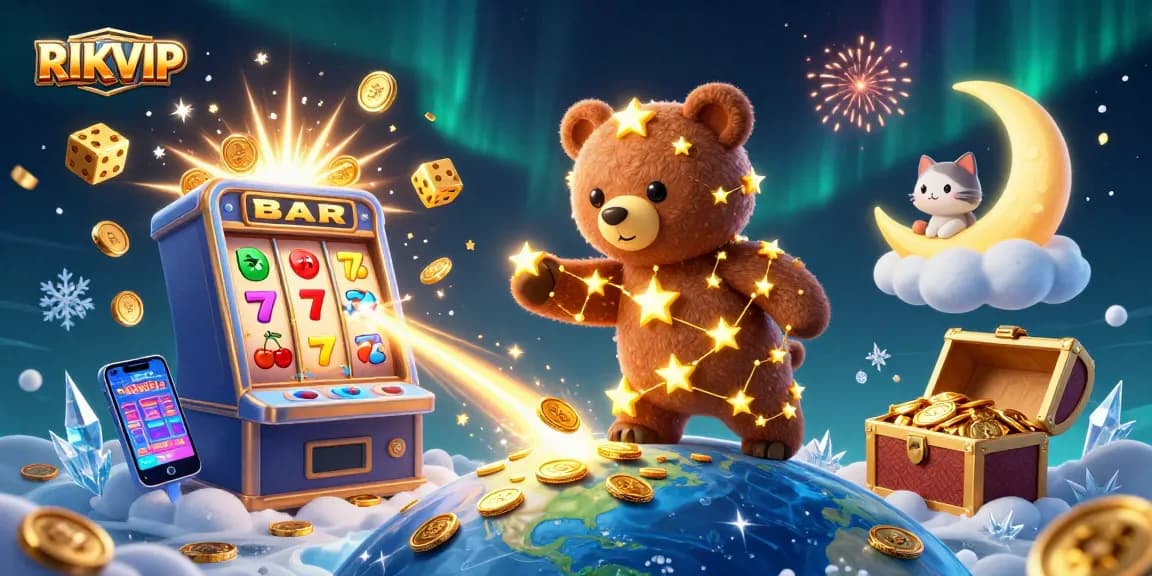 Experience thrilling gameplay at RIKVIP with vibrant 3D visuals showcasing slot machines, coins, and fun casino elements.