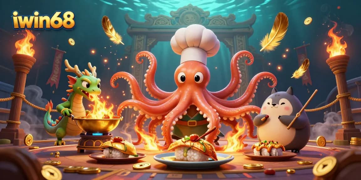 Experience thrilling gameplay with iwin68, featuring an octopus chef, dragon, and tanuki in a vibrant casino scene.