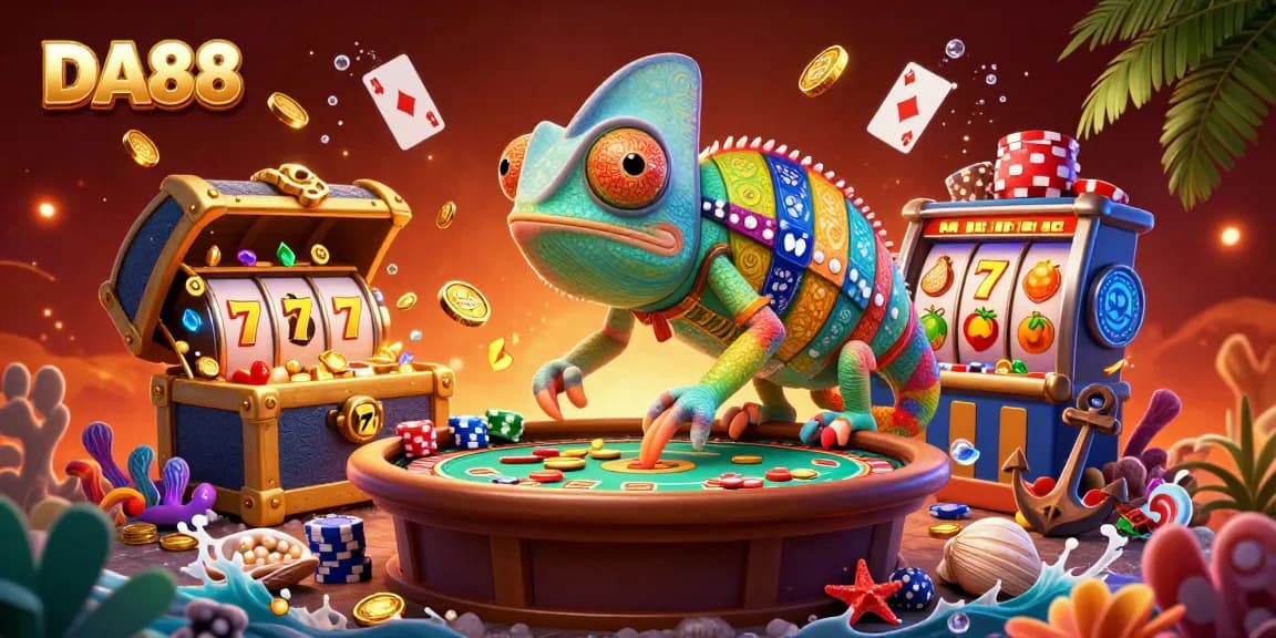 Engage in thrilling gameplay with DA88, featuring a vibrant casino scene filled with colorful slot symbols and exciting characters.