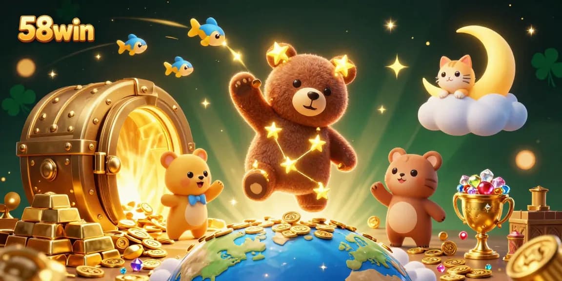Experience winning moments at 58win with vibrant jewels and golden treasures in this rich 3D scene.