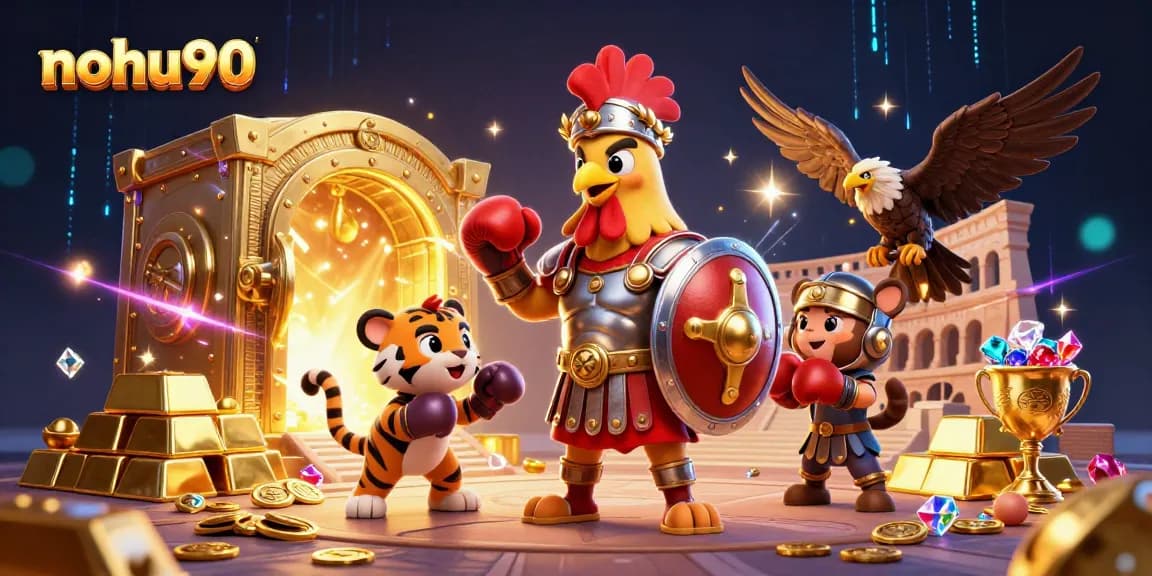 Engage with nohu90's 3D captivating gladiator rooster and allies in a gold-filled casino arena.