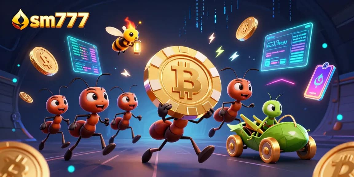 Engage with sm777's thrilling gaming adventure featuring animated ants, crypto coins, and vibrant casino elements.