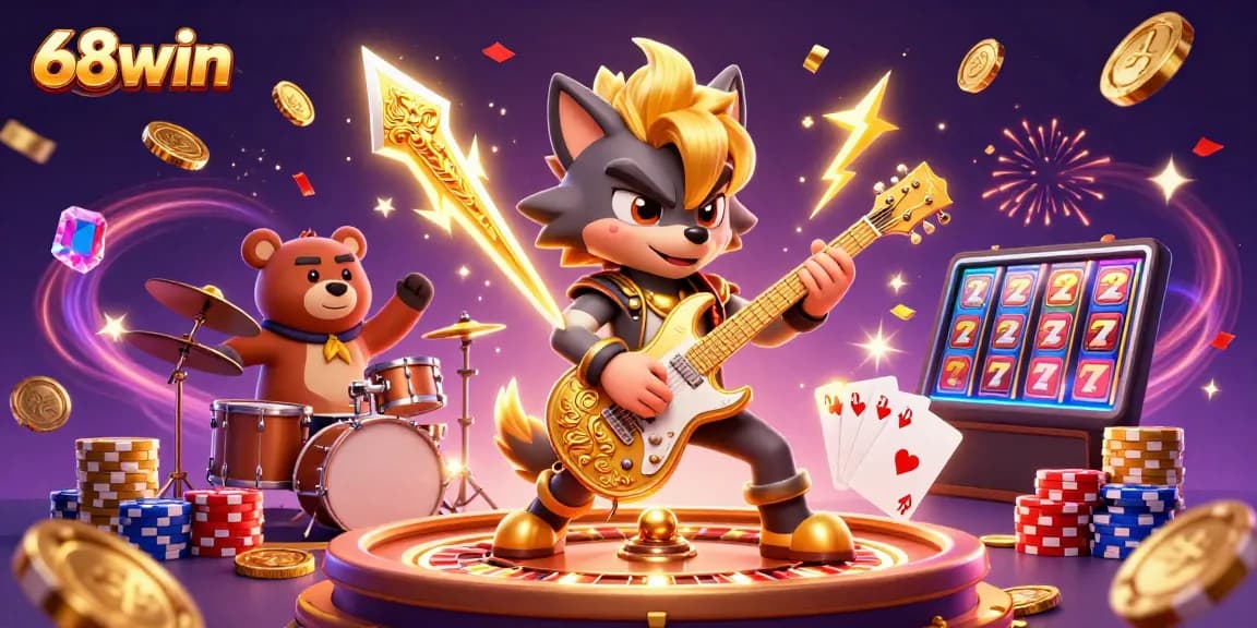 Experience the thrill of 68win with a rock star wolf and casino excitement in a dazzling 3D scene.