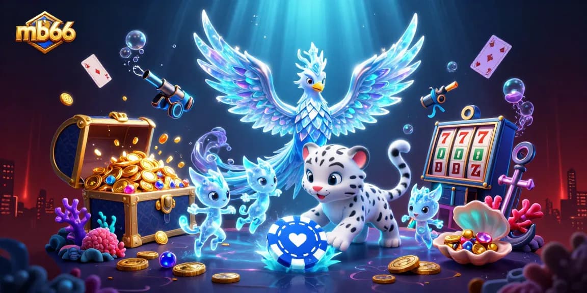 Play exciting casino games at mb66 with a 3D ice phoenix and vibrant casino elements.