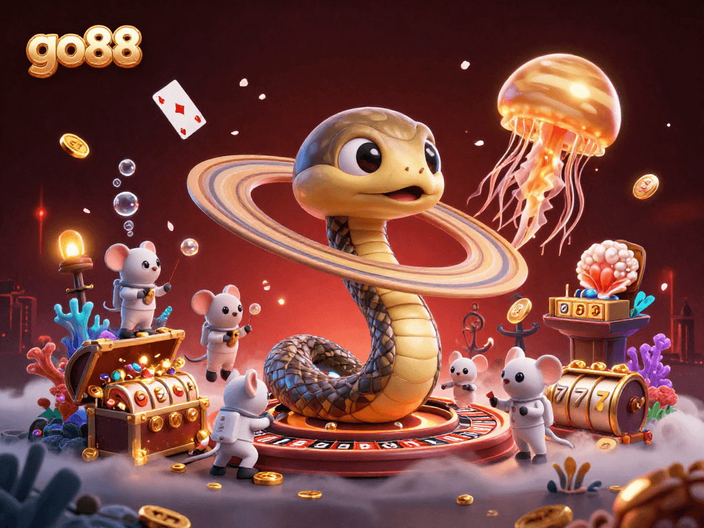 Bet on go88's vibrant cosmic gaming scene featuring a Saturn ring snake roulette.