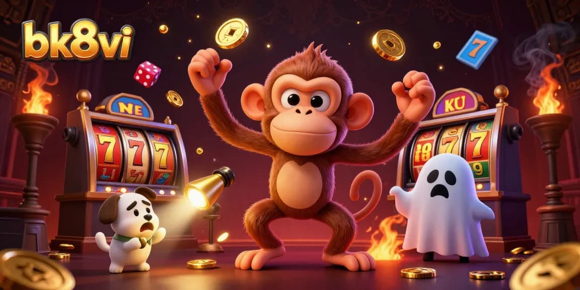 Engage in thrilling jackpot action at bk8vi's lively casino scene featuring adventurous characters.