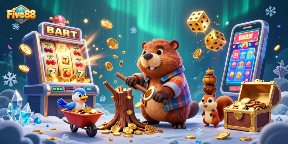 Five88 brings excitement to gaming with cartoon characters in a vibrant, dynamic casino scene.