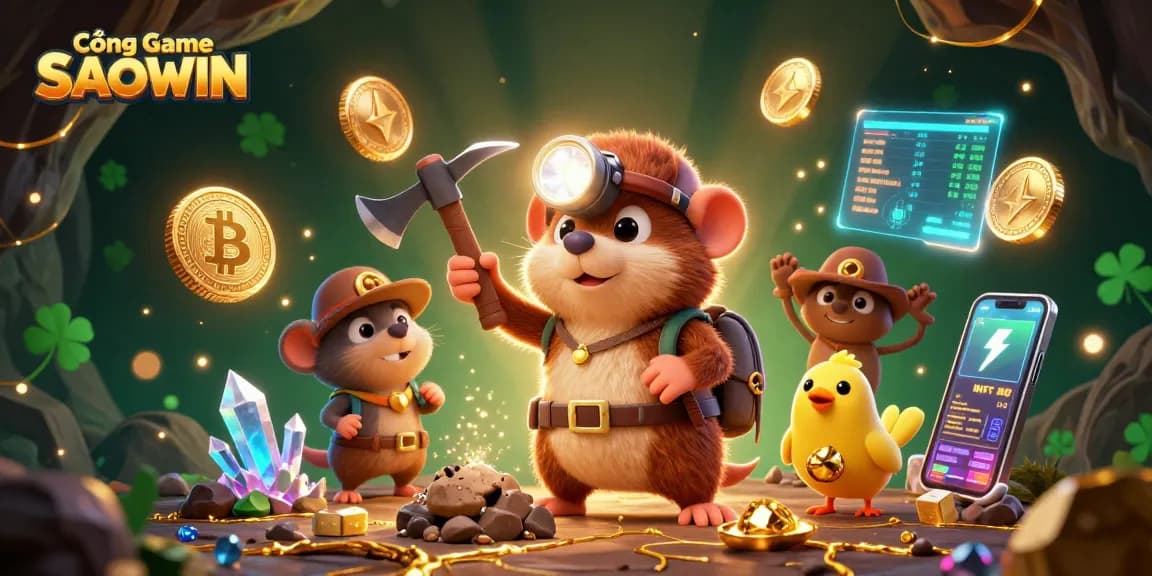 Cổng Game SAOWIN features a 3D treasure hunter mole uncovering riches, enhancing the gaming experience.