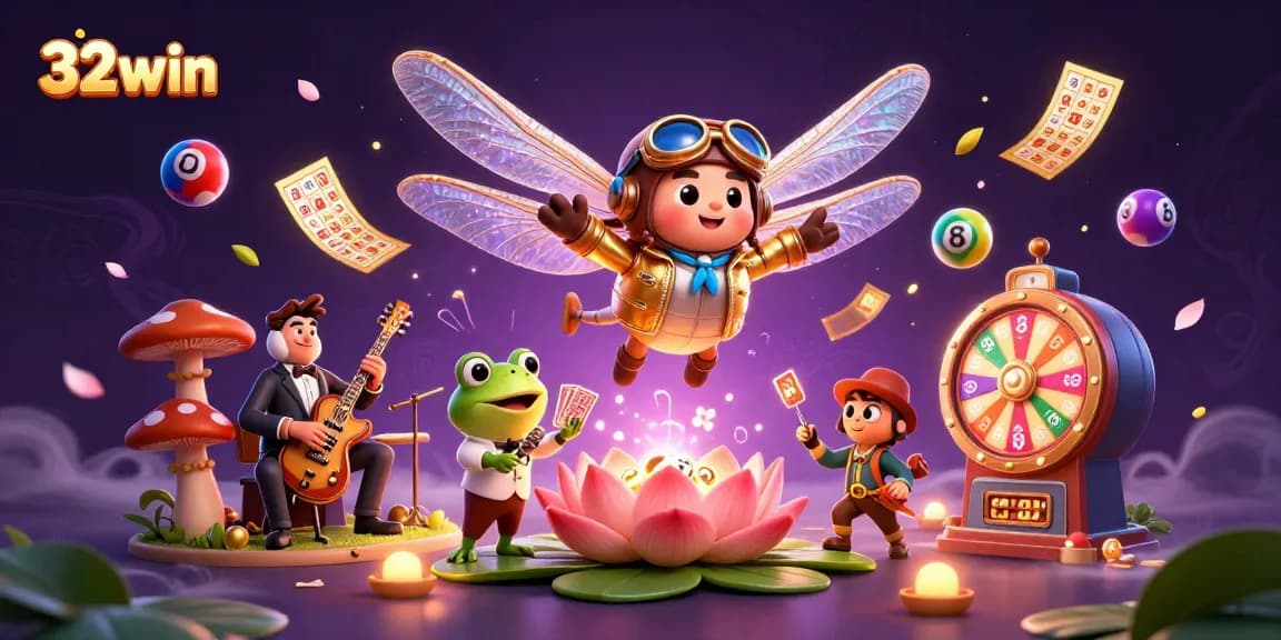 Engage with 32win's vibrant casino-themed scene featuring dynamic lottery elements and lively characters.