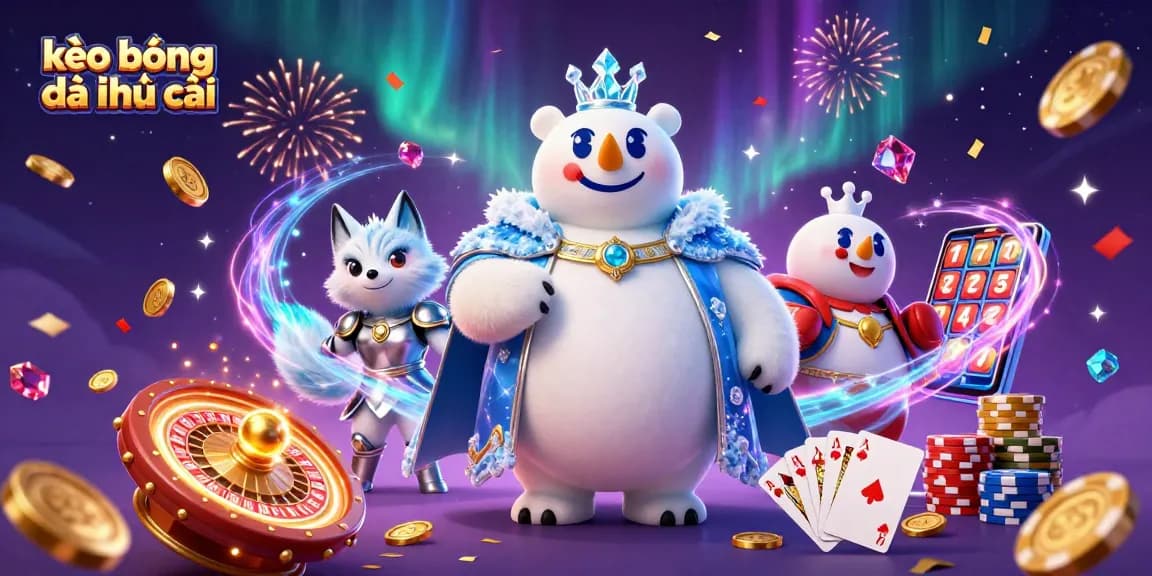 Engage with kèo bóng đá nhà cái in a vibrant 3D setting featuring polar bear and snow fox amidst casino excitement.