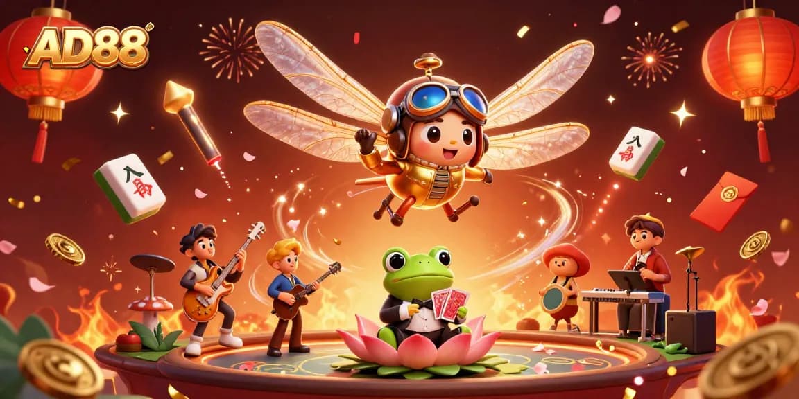 Experience exciting card deals at AD88's vibrant lily pad casino with dragonfly pilot and frog croupier.
