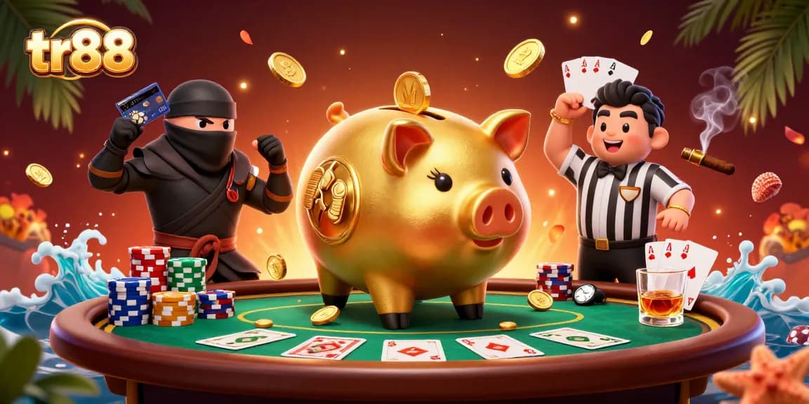 tr88 promotions showcasing an energetic scene with unique casino characters amidst epic poker elements