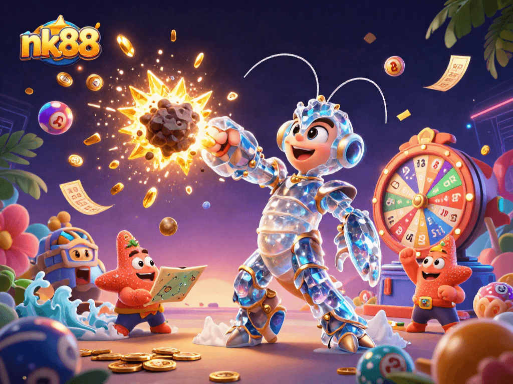 Engage with nk88, exploring vibrant lottery scenes with colorful balls, prizes, and a dynamic atmosphere.