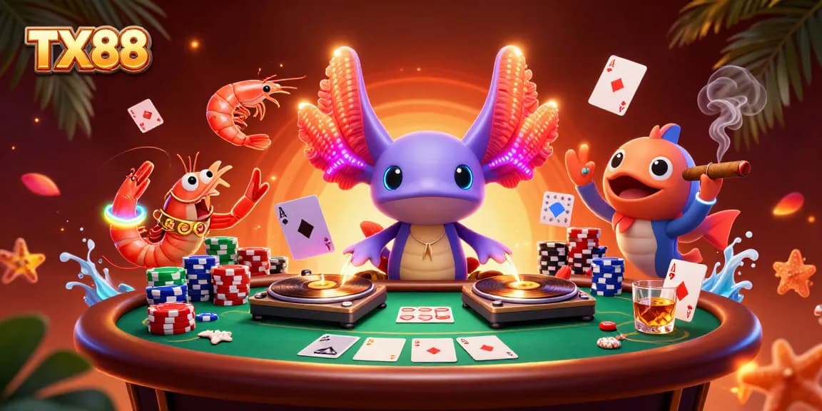 Join TX88’s vibrant casino adventure with an axolotl DJ spinning wins and excitement.