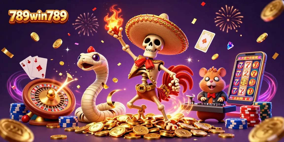 Win big with 789win789 featuring a vibrant casino scene filled with festive characters celebrating jackpot wins.
