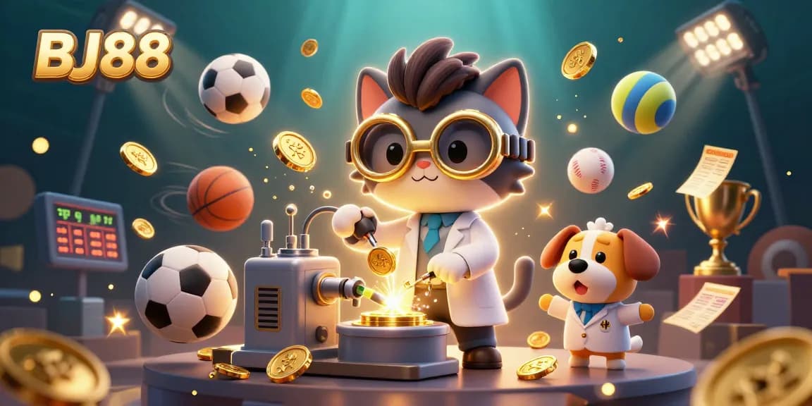 Bet on BJ88 with excitement as a mad scientist cat and assistant dog create a gold-coin machine in a vibrant casino scene.