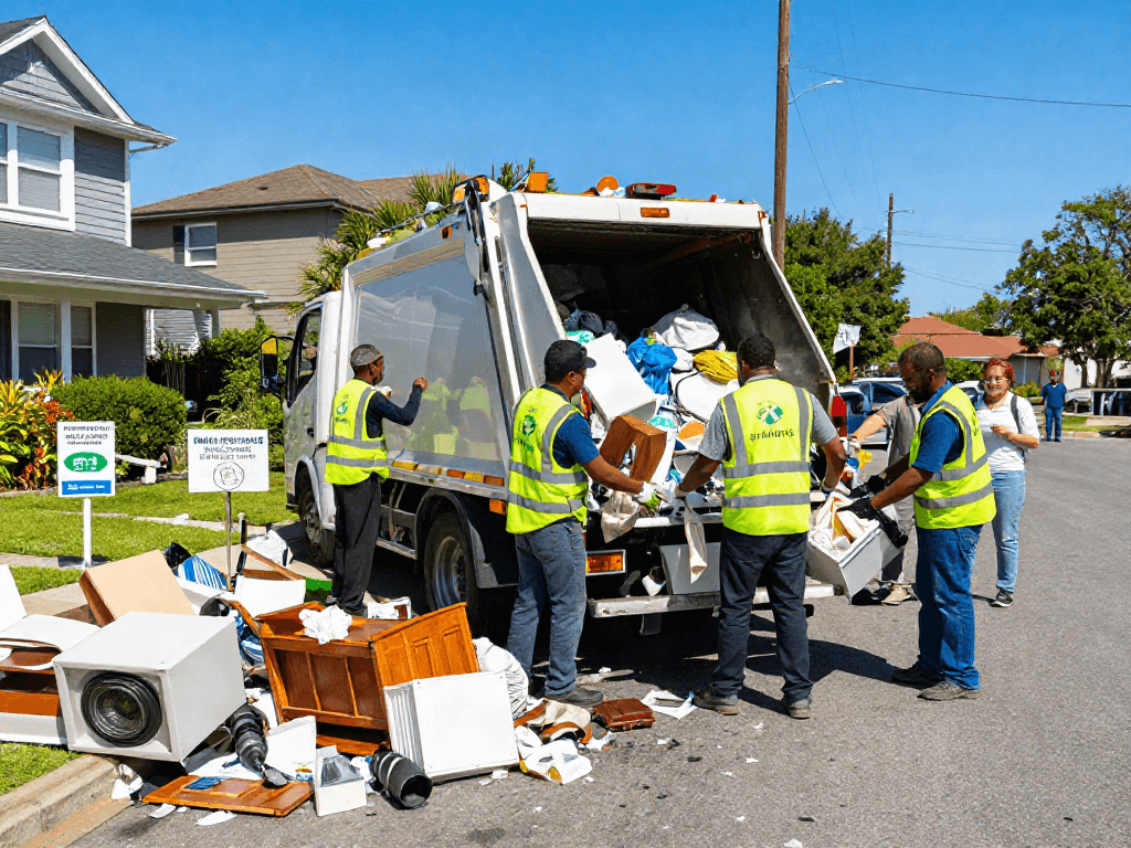 Efficient waste removals team in action loading rubbish into truck during community cleanup