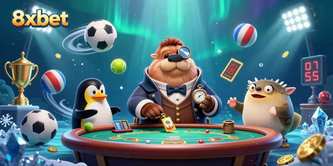 Enjoy thrilling gameplay at 8xbet with a jolly walrus at an underwater poker table.