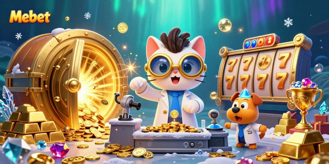 Mebet gamers experience excitement with a vibrant 3D illustration featuring a scientist cat and dog in a casino scene.