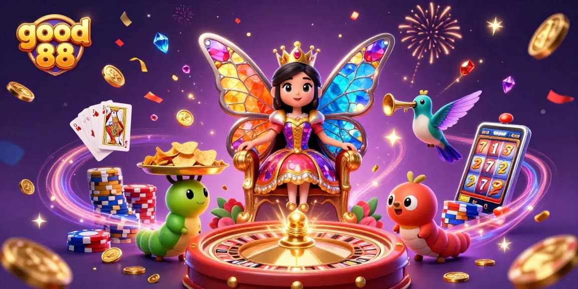 Experience the excitement of good 88 with vibrant casino elements showcasing chips, cards, and a lively queen.
