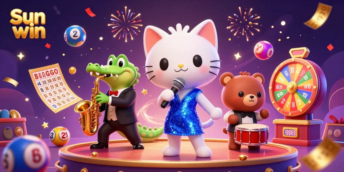 Experience the thrill of Sun win with an exciting 3D casino scene featuring vibrant characters and dynamic game elements.