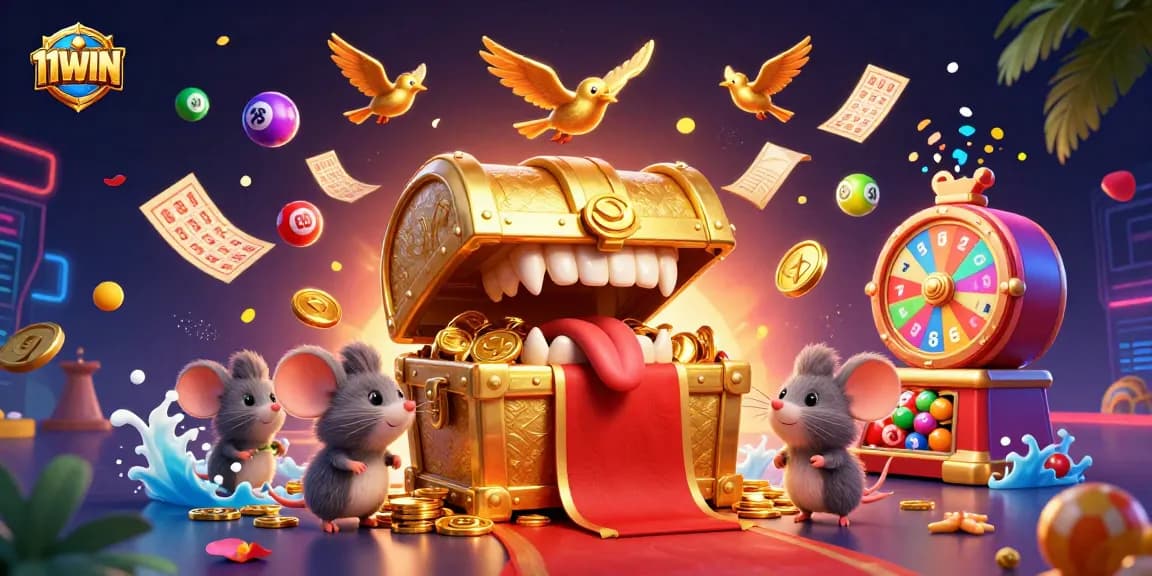 Winning at 11WIN with a vibrant 3D casino scene featuring treasure chests, lottery balls, and prizes.
