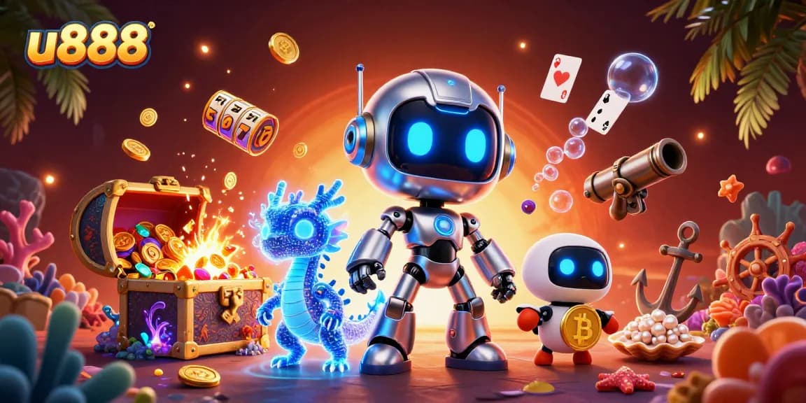 Experience thrilling gaming at u888 with futuristic robots and casino treasures in a vibrant scene.