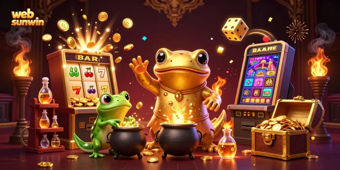 Web sunwin showcases vibrant 3D casino illustration featuring gold alchemy and jackpot excitement.