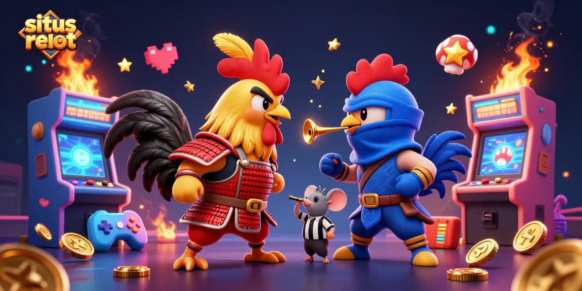 Engage with situs slot resmi in this vibrant 3D scene featuring battling roosters in an action-packed gaming atmosphere.